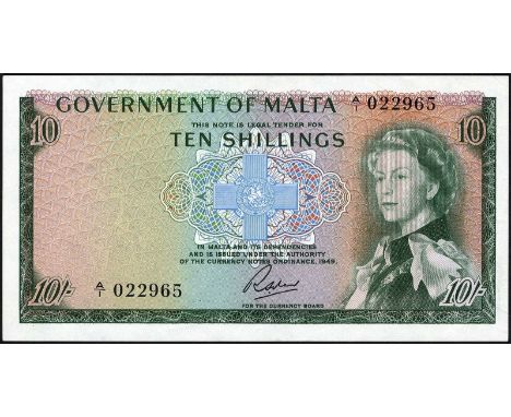 Malta, P 25a, Linzmayer GOM B24a, Government of Malta, 10 Shillings, L. 1949 (1963). George Cross at center, portrait of Quee