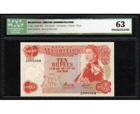 Mauritius, P 31c, Linzmayer BOM B2c, Bank of Mauritius, 10 Rupees, (1967). Coat of arms at lower center, portrait of Queen El