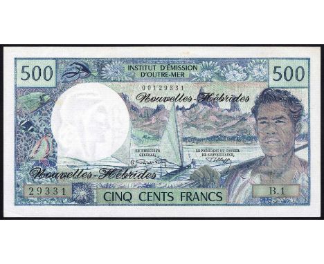 New Hebrides, P 19a, Institut d'Emission d'Outre-Mer, Nouvelles Hébrides, 500 Francs, (1970). Fisherman at right on front. Si