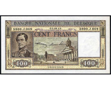 Belgium, NBBB-64b, P 126, Banque Nationale de Belgique, 100 Francs, August 3, 1948. Portrait of Leopold I at left, Justice Pa
