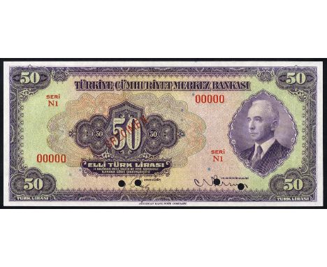 Turkey, P 142s, Pulko C21, Central Bank of Turkey, 50 Lira, L.1930 (1942), SPECIMEN. Portrait of President I. Inonu with long