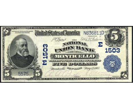 United States, P  NL, The National Union Bank of Monticello, 5 Dollars, May 17, 1905. Portrait of president Benjamin Harrison