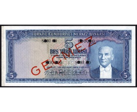 Turkey, P 155s, Pulko C34, Central Bank of Turkey, 5 Lira, L.1930 (1959), SPECIMEN. Portrait of President Kemal Atatürk at ri