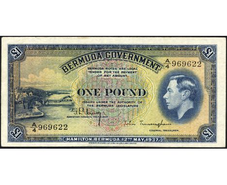 Bermuda, P 11b, Linzmayer BG B11b, Bermuda Government, 1 Pound, May 12, 1937. Somerset Bridge in Sandys Parish at left, portr
