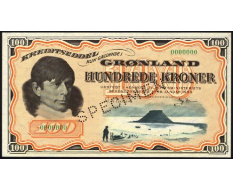 Greenland, P 21s1, Sieg 72A, Den kgl. Grønlandske Handel, 100 Kroner, January 16, 1953, SPECIMEN. Portrait of Knud Rasmussen 