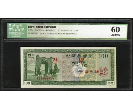 South Korea, P 35s, Linzmayer BOK B31as, Bank of Korea, 100 Won, (1962), SPECIMEN. Independence Gate in Seoel at left on fron