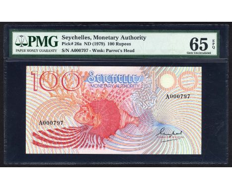 Seychelles, P 26a, Seychelles Monetary Authority, 100 Rupees, (1979). Tropical fish at center on front. Man with tools and sw