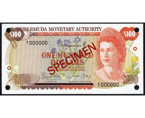 Bermuda, P 33bs, Linzmayer BMA B6bs, Bermuda Monetary Authority, 100 Dollars, November 14, 1984, SPECIMEN. Portrait of Queen 