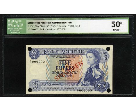 Mauritius, P 30s, Linzmayer BOM B1as1, Bank of Mauritius, 5 Rupees, (1967), SPECIMEN. Coat of arms of Mauritius in background