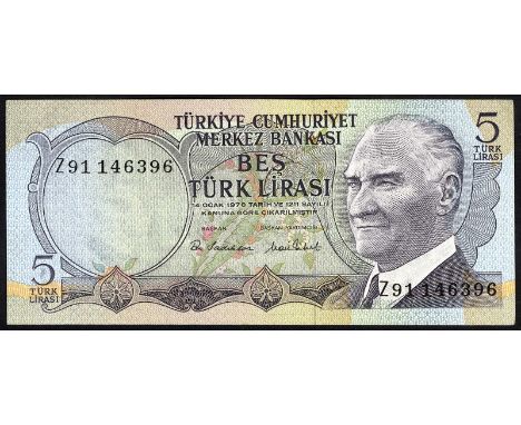 Turkey, P 185r, Pulko C64, Central Bank of Turkey. Lot containing 3x 5 Lira, L.1970 (1976), REPLACEMENTS. Portrait of Preside
