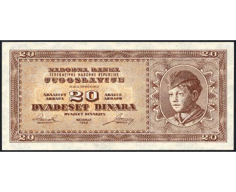 Yugoslavia, P 67T, Barac Y63, Narodna Banka Jugoslavije, 20 Dinara, 1950. Portrait of young boy at right on front. Coat of ar