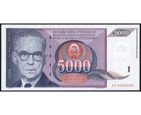 Yugoslavia, P 111, Narodna Banka Jugoslavija, 5,000 Dinara, 1991, (SPECIMEN). Portrait of Ivo Andric at left, coat of arms at