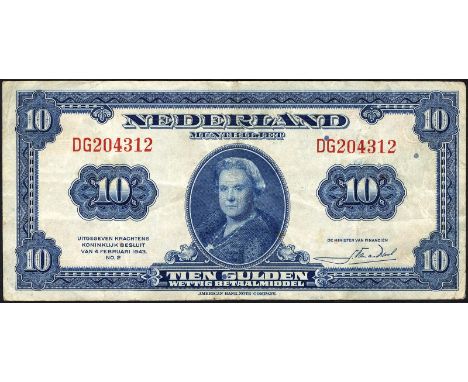 Netherlands, AV 33.1, P 66, Ministerie van Financiën, 10 Gulden, February 4, 1943. Portrait of Queen Wilhelmina at center on 