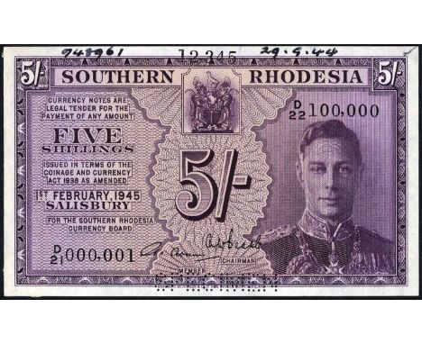 Southern Rhodesia, P 8bs, Southern Rhodesia Currency Board, 5 Shillings, February 1, 1945. Coat of arms of Rhodesia at upper 