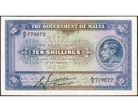 Malta, P 19, Linzmayer GOM B18a, The Government of Malta, 10 Shillings, (1940). Portrait of King George VI at right on front.
