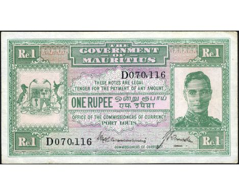 Mauritius, P 26, The Government of Mauritius, 1 Rupee, (1940). Coat of arms of Mauritius at left, portrait of King George VI 