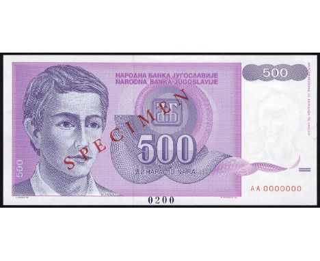 Yugoslavia, P 113s, Narodna Banka Jugoslavije, 500 Dinara, 1992, SPECIMEN. Portrait of young man at left, national bank monog