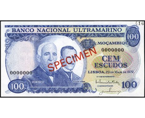 Mozambique, P 113s, Banco Nacional Ultramarino, Moçambique, 100 Escudos, May 23, 1972, SPECIMEN. Portrait of G. Coutinho and 