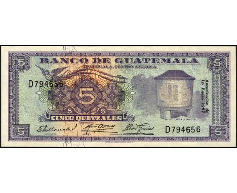 Guatemala, P 31, Banco de Guatemala, 5 Quetzales, January 16, 1957. Quetzal bird at upper left, vase at right on front. Mayan