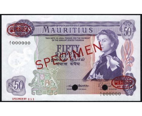 Mauritius, P 33s, Bank of Mauritius, 50 Rupees, (1967), SPECIMEN. Coat of arms of Mauritius at lower left, portrait of Queen 