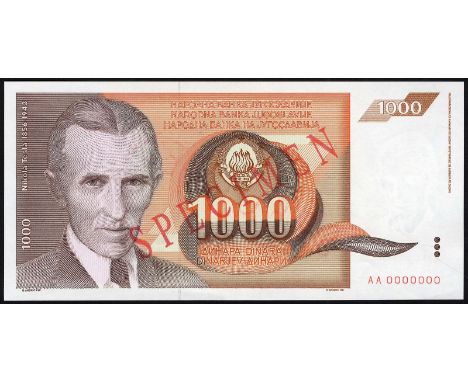 Yugoslavia, P 107s, Barac Y114, Narodna Banka Yugoslavija, 1,000 Dinara, November 26, 1990, SPECIMEN. Portrait of Nicola Tesl