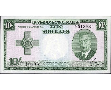 Malta, P 21, Linzmayer GOM B20a, The Government of Malta, 10 Shillings, L.1949, (1951). George Cross at left, portrait of Kin