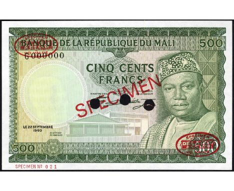 Mali, P 8s, Linzmayer BRM B8as, Leclerc/Kolsky 402s, Banque de la République du Mali, 500 Francs, September 22, 1960, SPECIME