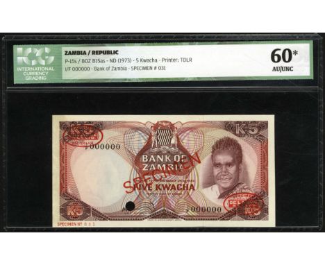 Zambia, P 15s, Linzmayer BOZ B15as, Bank of Zambia, 5 Kwacha, (1973), SPECIMEN. Coat of arms of Zambia at upper center, portr
