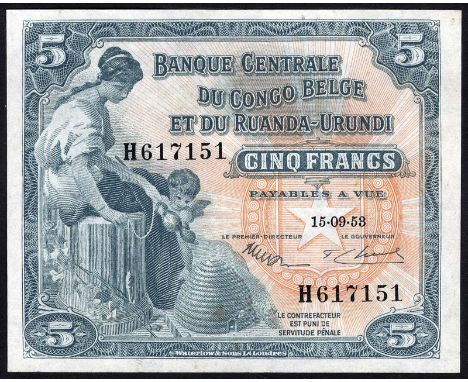 Belgian Congo, P 21, NBBC-C1, Banque Centrale du Congo Belge et du Ruanda-Urundi, 5 Francs, September 15, 1953. Woman seated 
