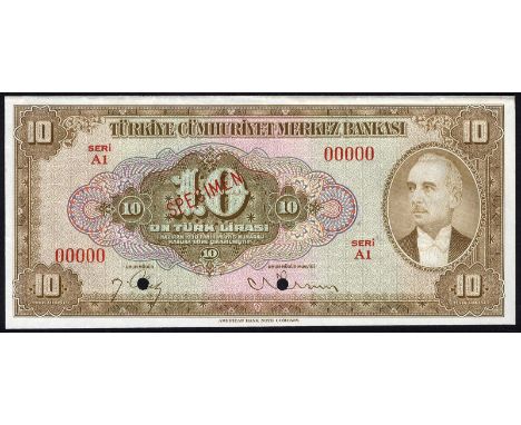 Turkey, P 148s, Central Bank of Turkey, 10 Lira, L.1930 (15.9.1948), SPECIMEN. Portrait of President I. Inonu with bow tie at