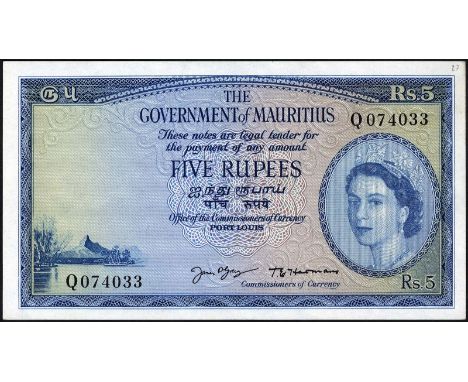 Mauritius, P 27, The Goverment of Mauritius, 5 Rupees, (1954). Mountain scene at lower left, portrait of Queen Elizabeth II a