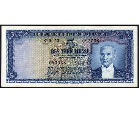 Turkey, P 154a, Pulko C33, Central Bank of Turkey, 5 Lira, L.1930 (1952). Portrait of President Kemal Atatürk at right on fro
