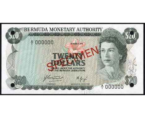 Bermuda, P 31bs, Linzmayer BMA B4bs, Bermuda Monetary Authority, 20 Dollars, March 1, 1976, SPECIMEN. Portrait of Queen Eliza