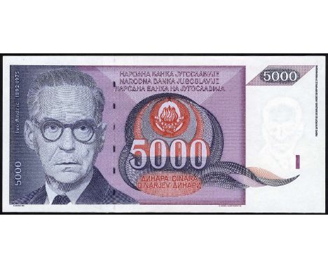 Yugoslavia, P 111, Narodna Banka Jugoslavija, 5,000 Dinara, 1991. Portrait of Ivo Andric at left, coat of arms at center on f