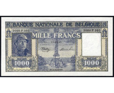 Belgium, NBBB-101b, P 128b, Banque Nationale de Belgique, 1,000 Francs, March 22, 1945. Portrait of King Albert I wearing ste