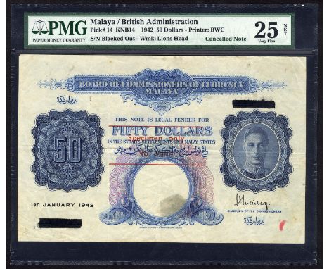 Malaya, P 14s, Linzmayer BCC B15, Board of Commissioners of Currency Malaya, 50 Dollars, January 1, 1942, SPECIMEN. Portrait 