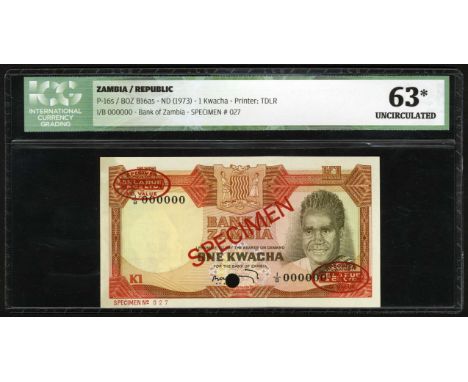 Zambia, P 16s, Linzmayer BOZ B16as, Bank of Zambia, 1 Kwacha, (1973), SPECIMEN. Coat of arms of Zambia at upper center, portr