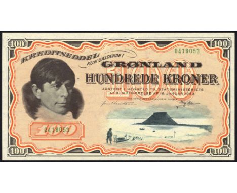 Greenland, P 21c, Sieg 72B, Den kgl. Grønlandske Handel, 100 Kroner, January 16, 1953. Portrait of Knud Rasmussen at left, do