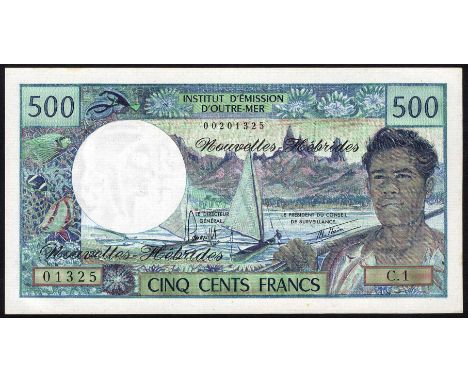 New Hebrides, P 19b, Institut d'Emission d'Outre-Mer, Nouvelles Hébrides, 500 Francs, (1979). Fisherman at right on front. Si