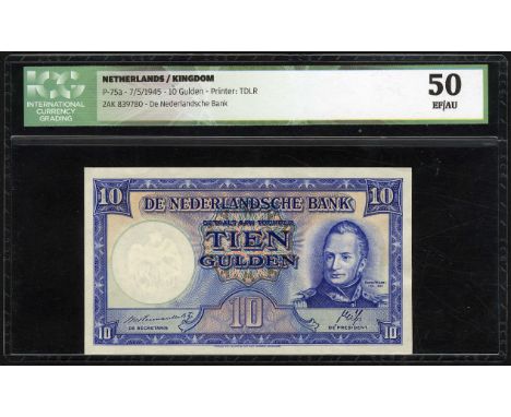 Netherlands, AV 35.1a, P 75a, De Nederlandsche Bank, 10 Gulden, May 7, 1945. Portrait of Koning Willem I at right on front. S