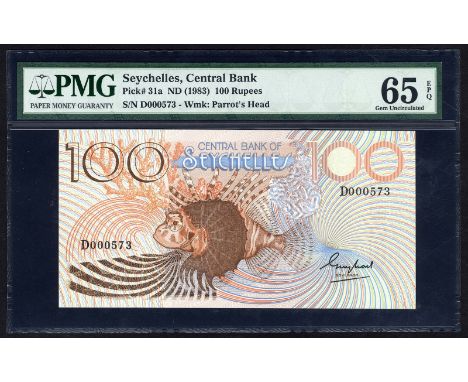 Seychelles, P 31a, Central Bank of Seychelles, 100 Rupees, (1983). Tropical fish at center, new bank name and signature title