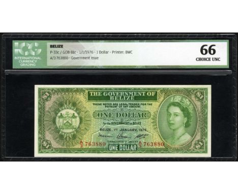 Belize, P 33c, Linzmayer GOB B1c, Government of Belize, 1 Dollar, January 1, 1976. Coat of arms of Belize at left, portrait o
