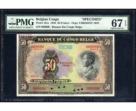 Belgian Congo, P 16cs, NBBC-B23a, Banque du Congo de Belge, 50 Francs, 1945, SPECIMEN.  Portrait of woman at right on front. 
