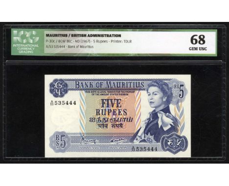 Mauritius, P 30c, Linzmayer BOM B1c, Bank of Mauritius, 5 Rupees, (1967). Coat of arms of Maruritius in background at center,