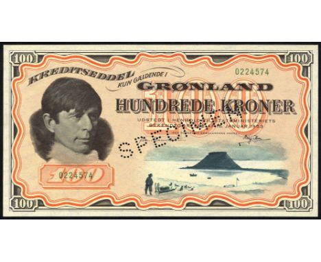 Greenland, P 21s3, Sieg 72B, Den kgl. Grønlandske Handel, 100 Kroner, January 16, 1953, SPECIMEN. Portrait of Knud Rasmussen 