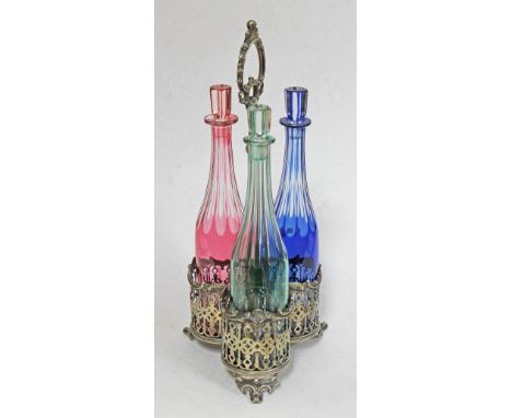 A Sheffield plate three bottle decanter with handle, height 48cm.