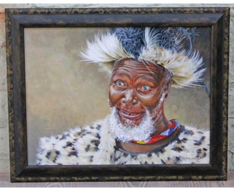 Julie Askew, African man portrait, acrylic on board, 40cm x 30cm, signed lower right, modern frame 47cm x 38cm.
