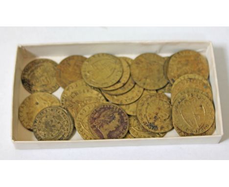 A group of George III gaming tokens and a Victoria "Model Half Sovereign".