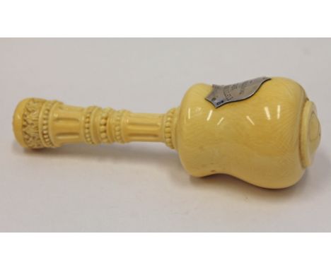 A Victorian silver mounted ivory gavel, the silver shield hallmarked with Lion Rampant and gothic 'S' (matching Birmingham 18