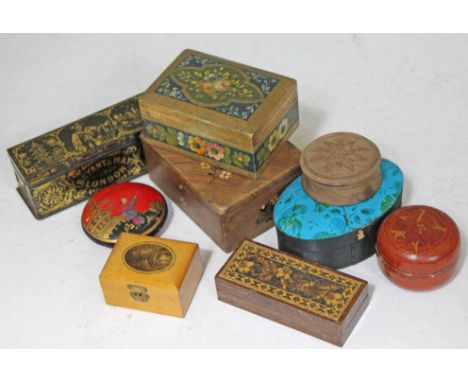 A mixed lot of boxes to include a Bryant & May Japanned tin match box, a Mauchlin box, a Japanned pin cushion, a micro mosaic